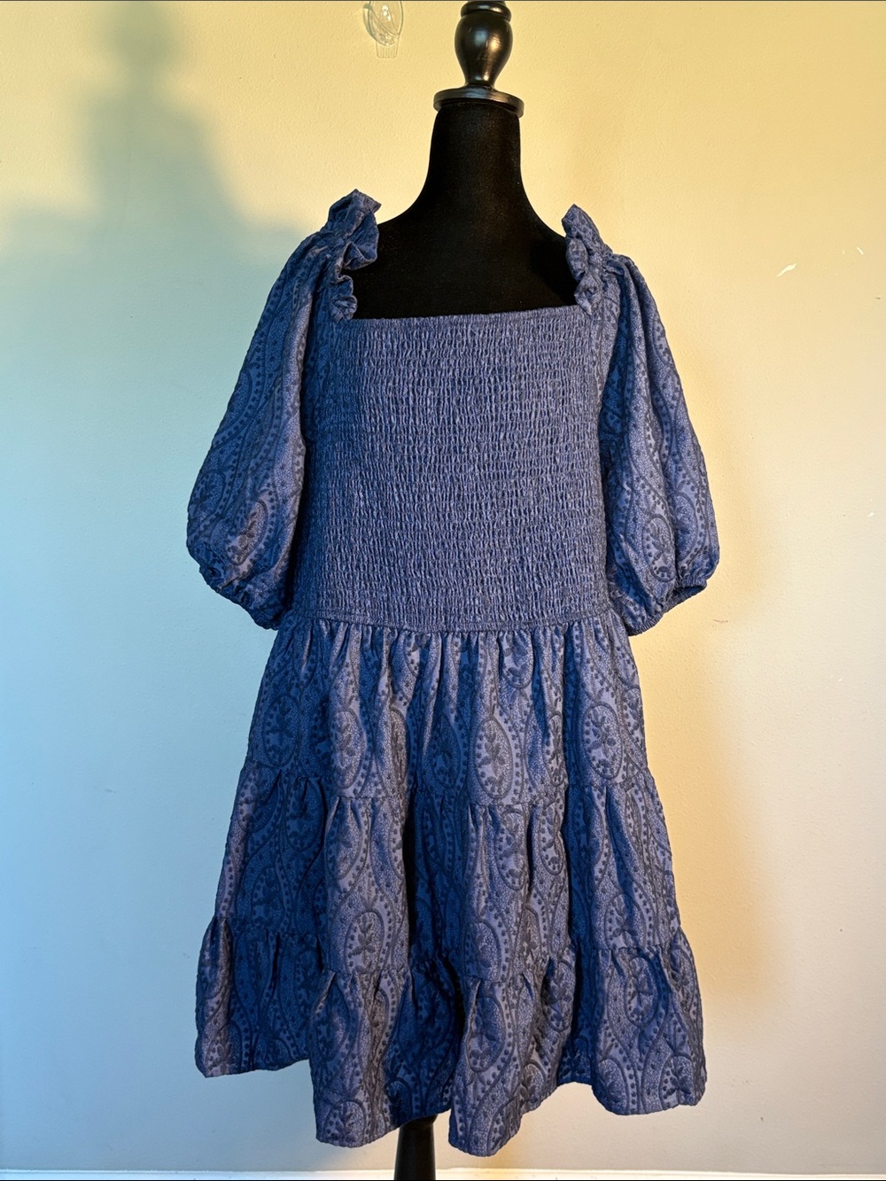Blue Smocked Mini Dress with Puff Sleeves